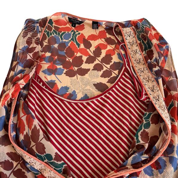 Ted Baker Layered 100% Silk Sleeveless
Floral and Striped Blouse Women’s Medium - Picture 6 of 7